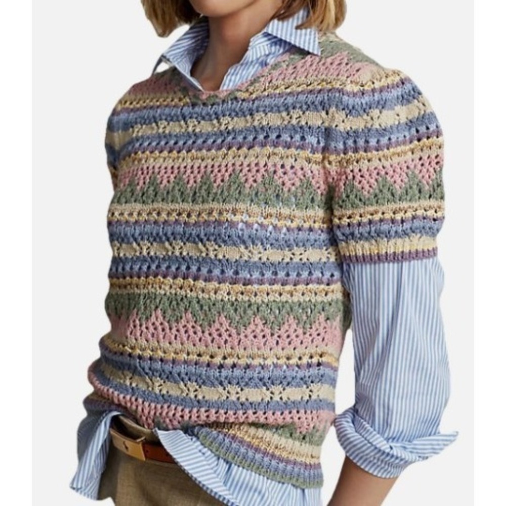 ADORA Knit Top Womens Medium Multi Color Pointelle Short Sleeve Striped Boho